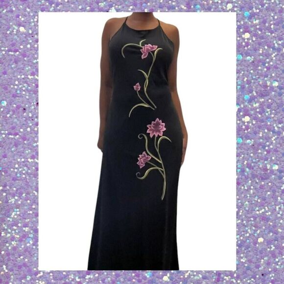 Long Black Gown with Lavender Embroidered Flowers and Crisscross Back Maxi Dress - Picture 15 of 15